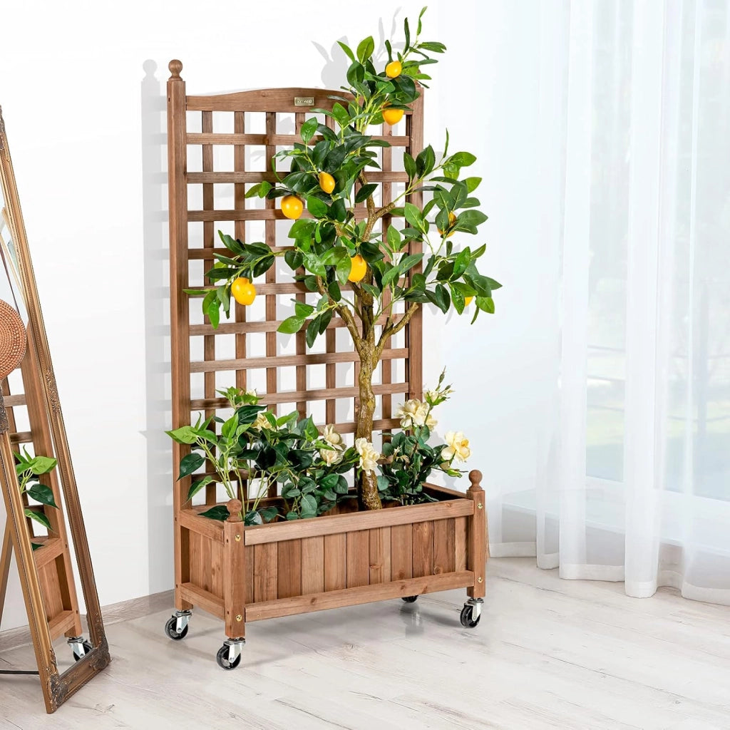 Fioriera in Legno Massiccio con Traliccio, Letto per Piante Rampicanti con Grigliato, Ruote Bloccabili e Foro di Drenaggio, Fioriera da Giardino, Terrazza e Cortile