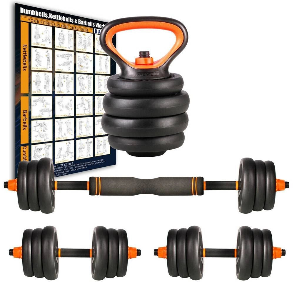 Trade Shop - Set 6in1 Multifunzione Peso 25kg Manubri Con Bilanciere E Kettlebell Componibile -