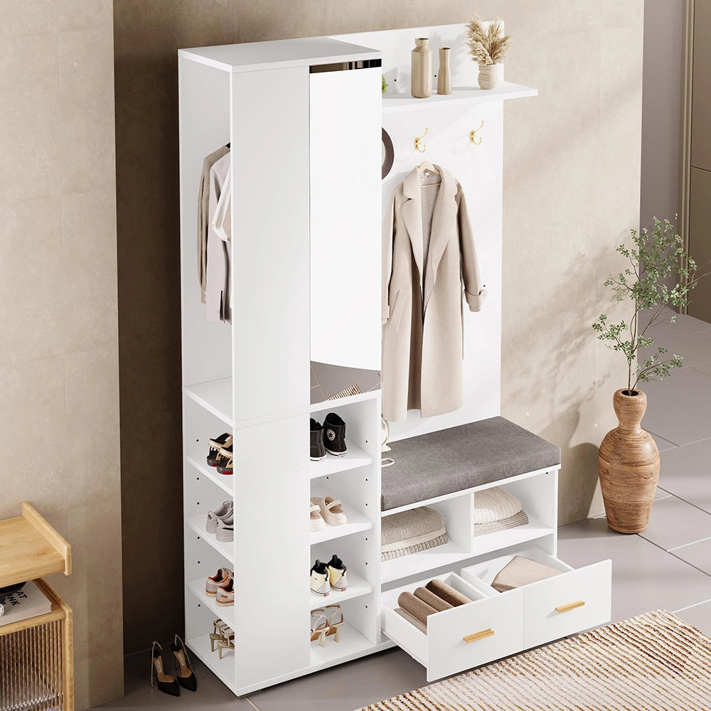 Vestiaire completo con specchio - Xylo - 120x35x190 cm - Bianco - Panca scarpe e 3 ganci