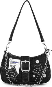 Borsa da spalla per donna in denim con stile Y2K, con cintura e catena.