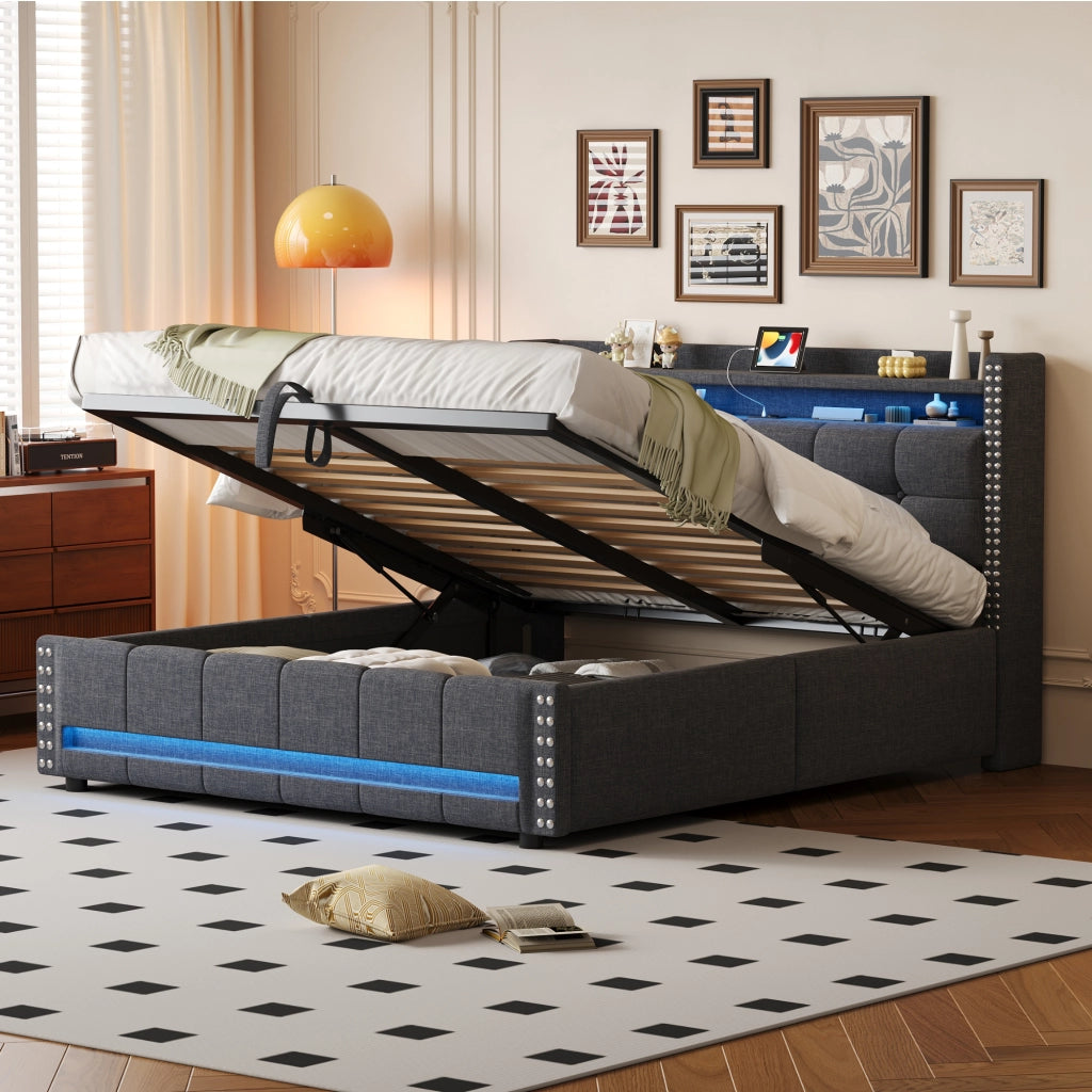Letto Matrimoniale 160x200 cm; Letto Contenitore con USB; LED e Mensole in Tessuto Grigio