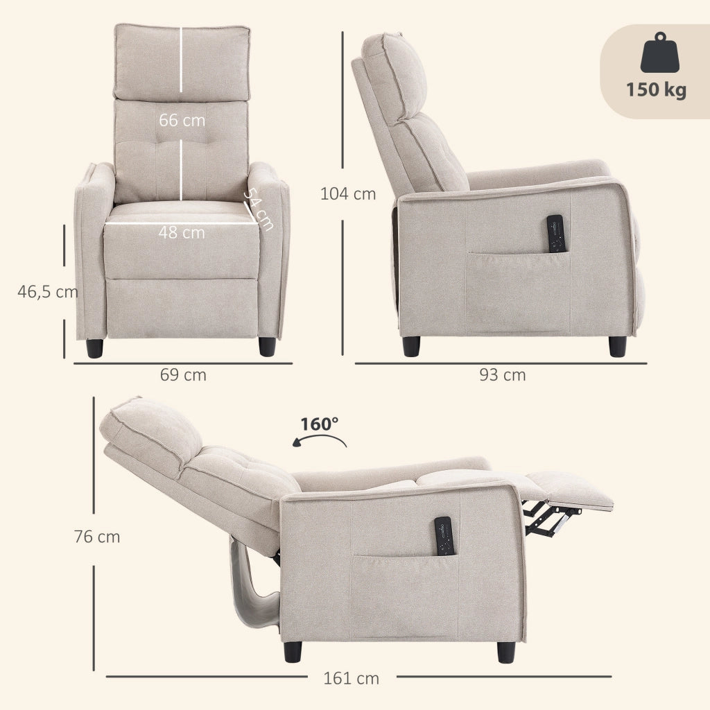 Poltrona Massaggiante 69x93x104 cm Reclinabile a 160° con Poggiapiedi e Telecomando Effetto Lino Bianco Crema
