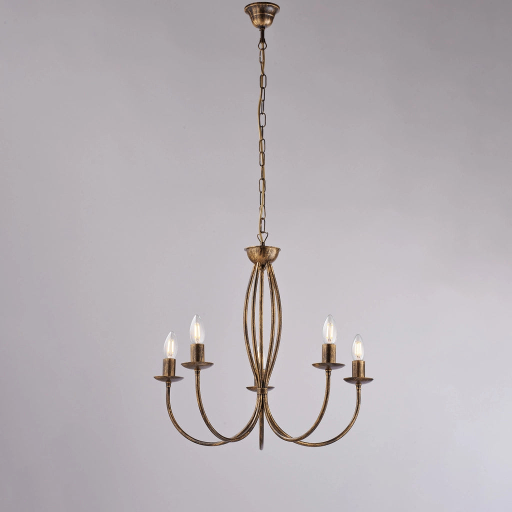 Lampadario Rustico Botte 5 Luci In Ferro Battuto Marrone E Oro