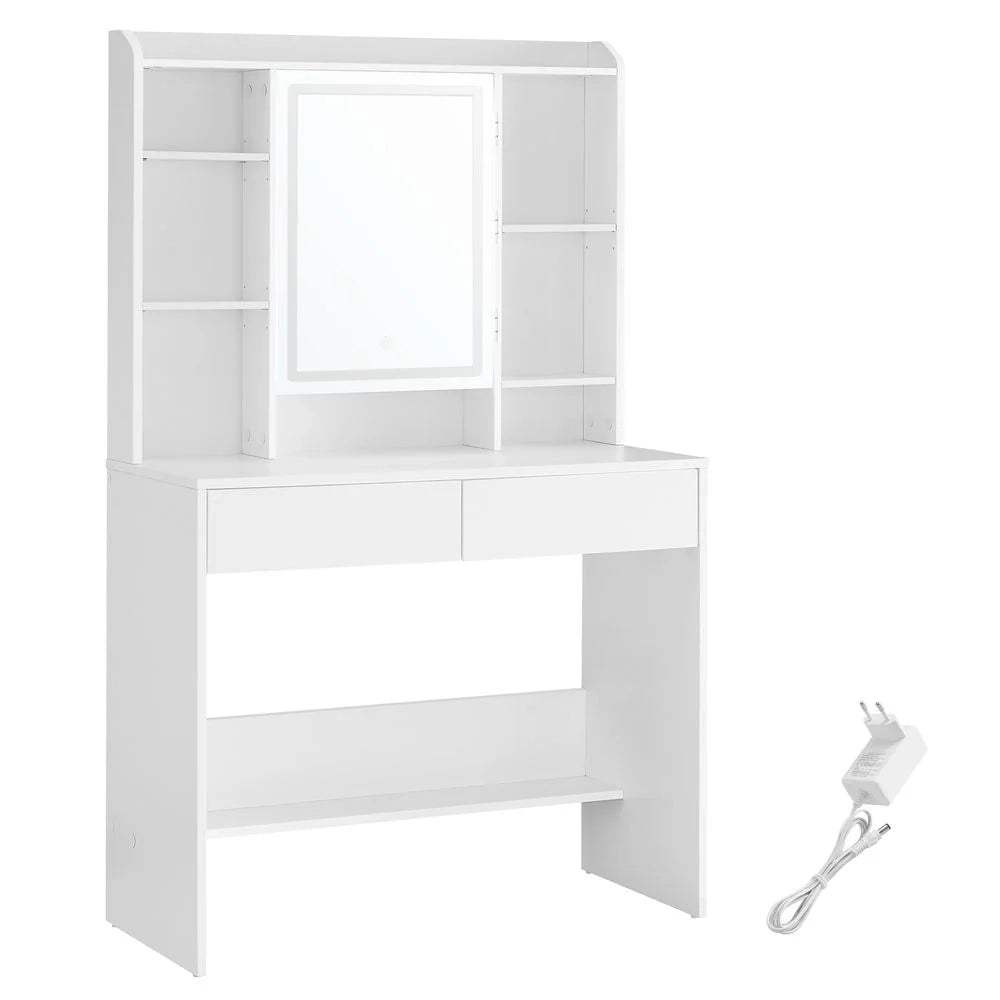 Toletta con specchio LED a 3 colori luminosità regolabile 40 x 90 x 144,7 cm con specchio ampio ripiano portaoggetti regolabile 2 cassetti stile moderno bianco 12_0005160