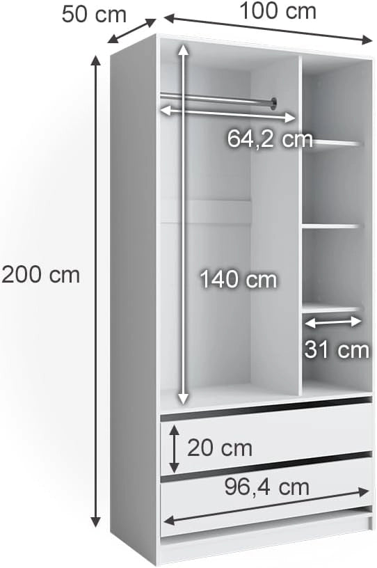 Armadio multifunzione Elmo, Bianco, 100 x 200 cm con 2 cassetti, per la conservazione di abiti e combinabile con la serie Elmo