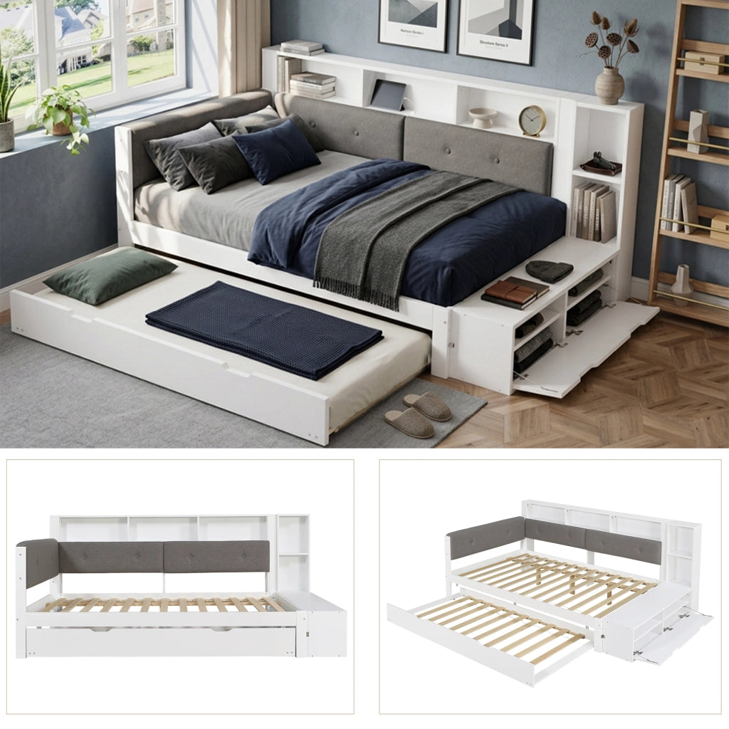 Letto in legno con letto estraibile e scrivania, 120x200+90x190 cm, bianco