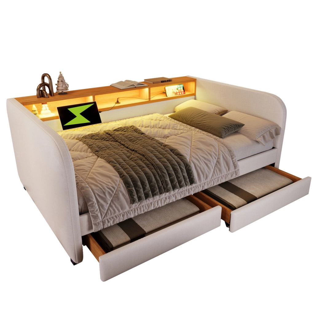Letto imbottito 140x190 cm con LED; USB C e 2 cassetti; lino beige