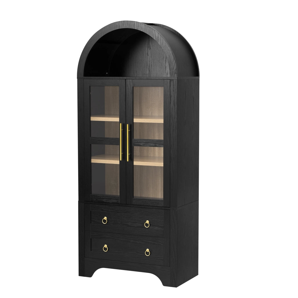 Credenza da cucina con 2 ante in vetro; 2 cassetti e ripiani regolabili - in MDF e vetro - nero