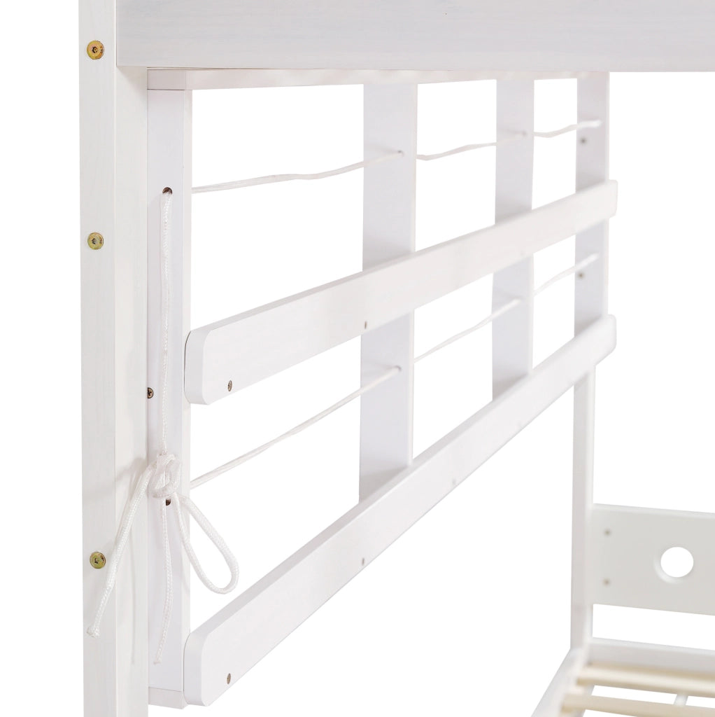 Letto a castello 90x200 cm con libreria aperta e scala a 5 gradini in legno e MDF bianco e naturale