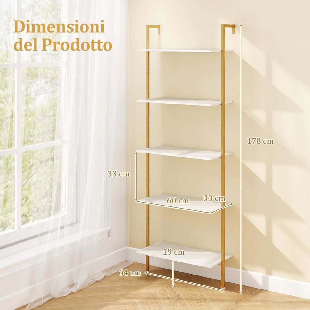 Scaffale a Scala a 5 Ripiani, Libreria da Parete Salvaspazio in Legno Moderno, Scaffale Portaoggetti per Soggiorno, Studio e Camera da Letto, 64 × 30 × 178 cm, Bianco
