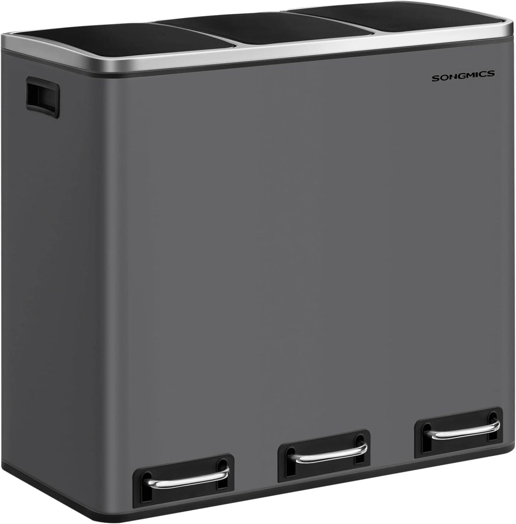 SONGMICS Cestino da Cucina, Pattumiera per Raccolta Differenziata 3 x 18L, 3 Scomparti per Riciclaggio, Coperchi a Chiusura Morbida, Pedali, Acciaio, Nero Inchiostro LTB54BK