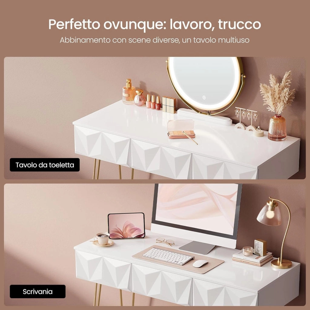 EUGAD Toeletta da Trucco con Luci LED, Luminosità Regolabile, Postazione da Trucco con Sedia in Velluto, con 3 Cassetti, Assemblaggio facile, Bianco e Dorato