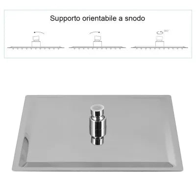 Set doccia quadrato cromo con braccio 40 cm + soffione in acciaio 25x25 cm