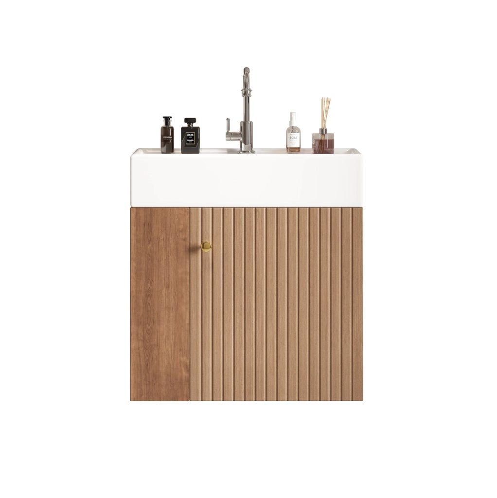 Mobile bagno ULEVR con lavabo in ceramica, vano contenitore e ripiani laterali, marrone