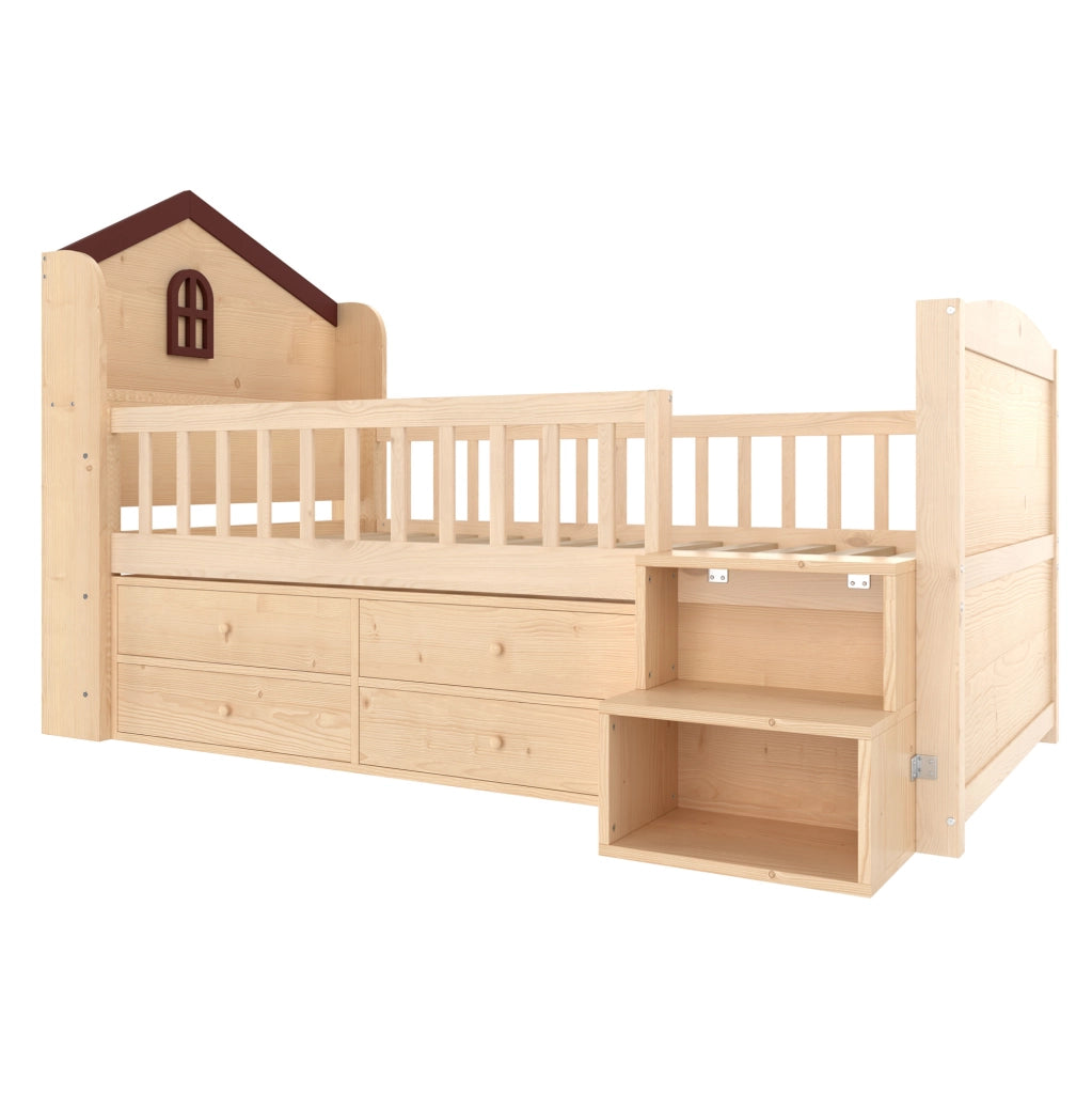 Letto semialto 90x200 cm con LED; scala e contenitori in pino naturale