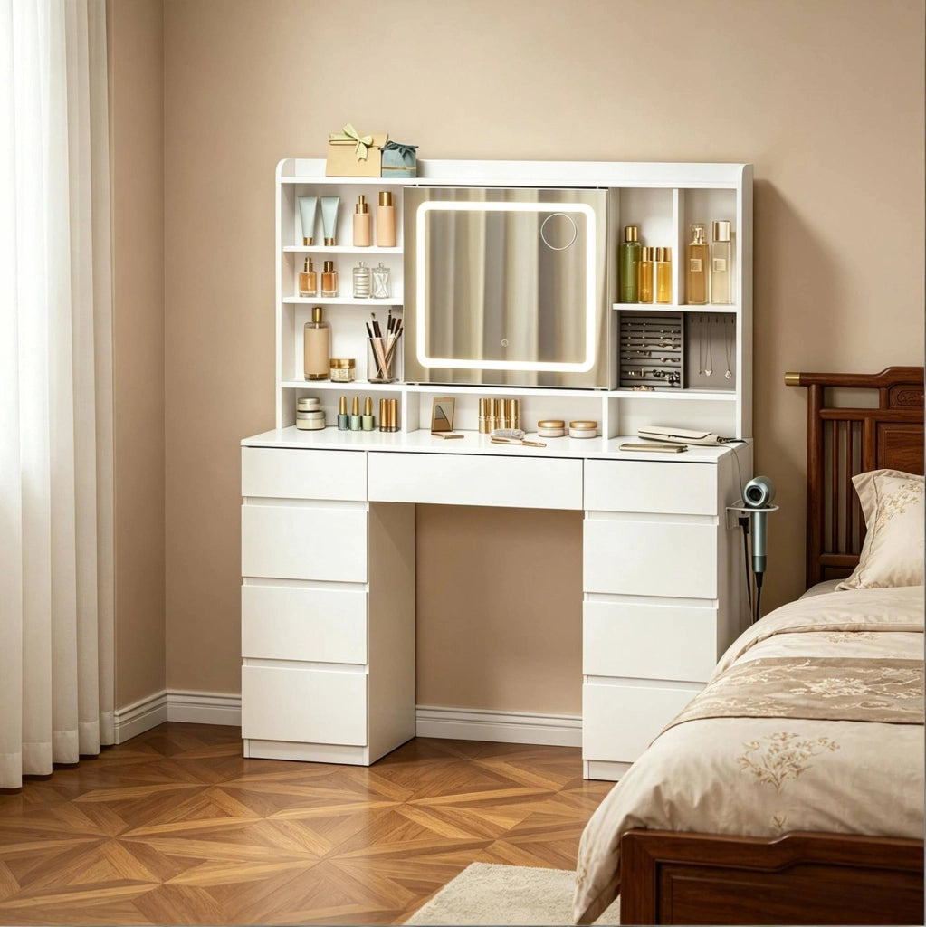 Tavolo da trucco moderno bianco con specchio scorrevole, 9 cassetti e prese integrate