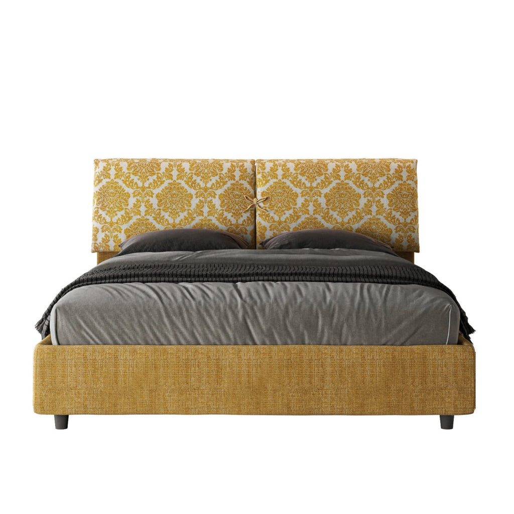 Letto Matrimoniale 160x190 cm con Rete e Contenitore con Testata e Alzata Comoda Imbottito in Tessuto Agata Mados Giallo