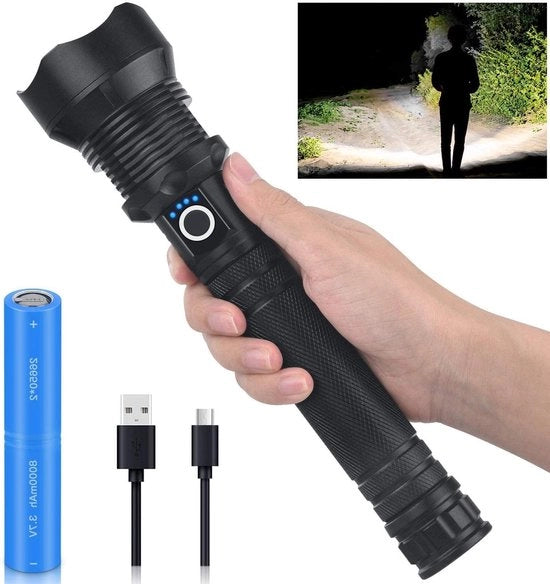 Lampada da tasca LED da 9000 lumen con modalità di illuminazione estremamente potente, P70.0, ricaricabile con ingresso USB, durata batteria 8-12 ore, 3 modalità di illuminazione, IP55 impermeabile