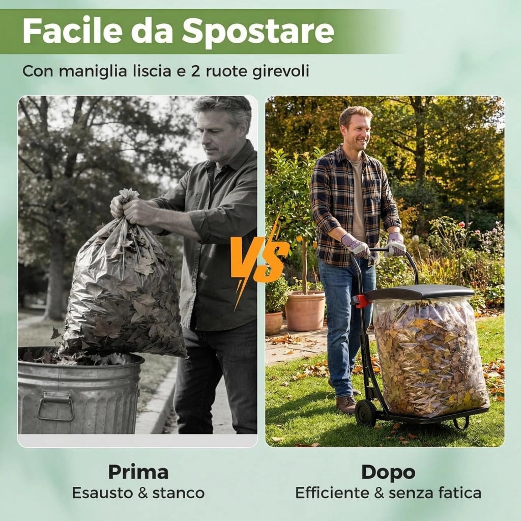 Carrello Portasacco Immondizia da Giardino, Supporto Porta Sacchi di Diverse Dimensioni, con Ruote, Coperchio e Altezza Regolabile, Carriola per Foglie, Rifiuti, Raccolta Differenziata