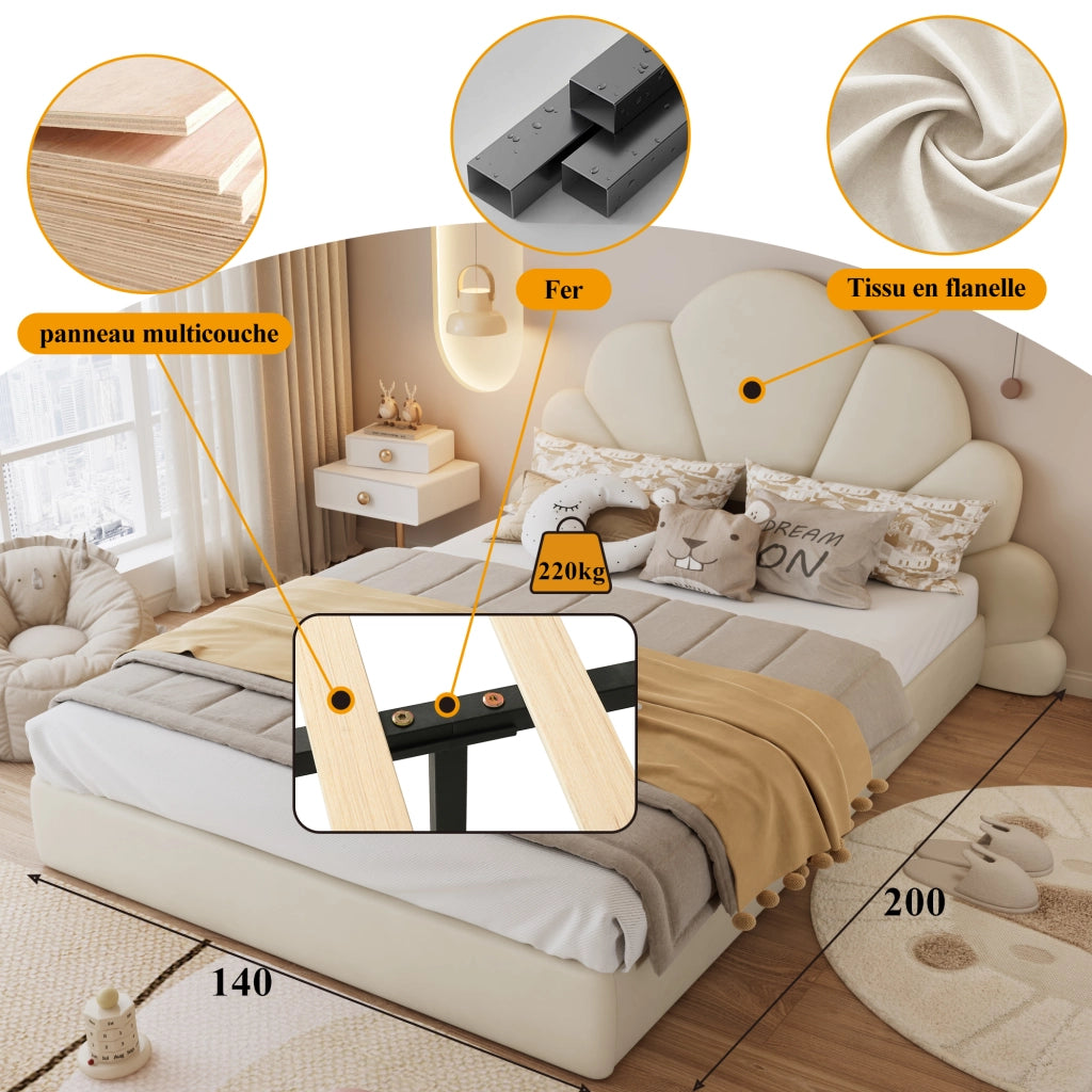 Letto Matrimoniale 140 x 200 cm; Testiera a Fiore; Imbottito in Velluto - Beige