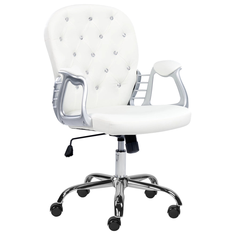 Sedia da ufficio in pelle sintetica bianco con cristalli e altezza regolabile e schienale trapuntato stile retrò moderno