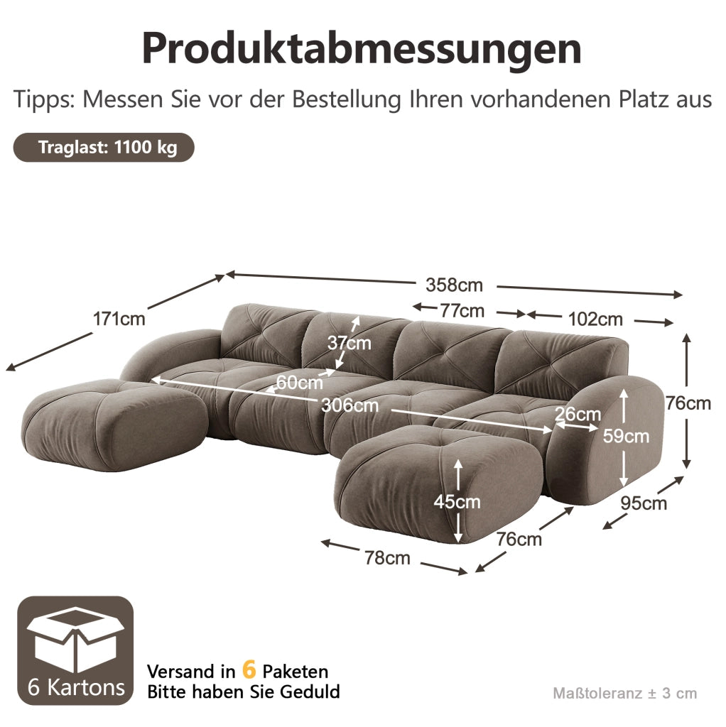 Divano modulare a U 4 posti in ciniglia taupe con 2 pouf HOMVRA