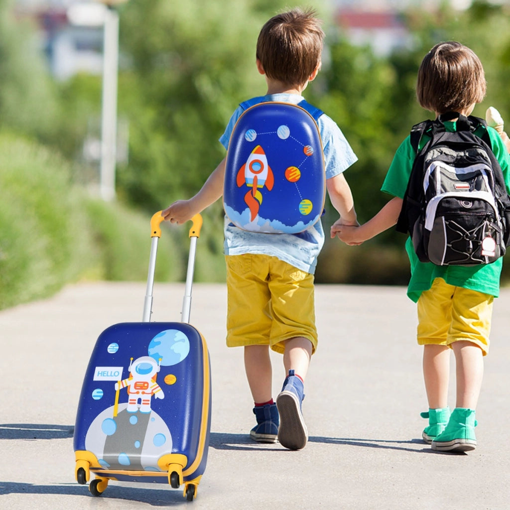 Set valigia rigida 27cm e zaino 24cm con manico retrattile, Set valigia con ruote da viaggio per bambini Blu-Bagagli e borse
