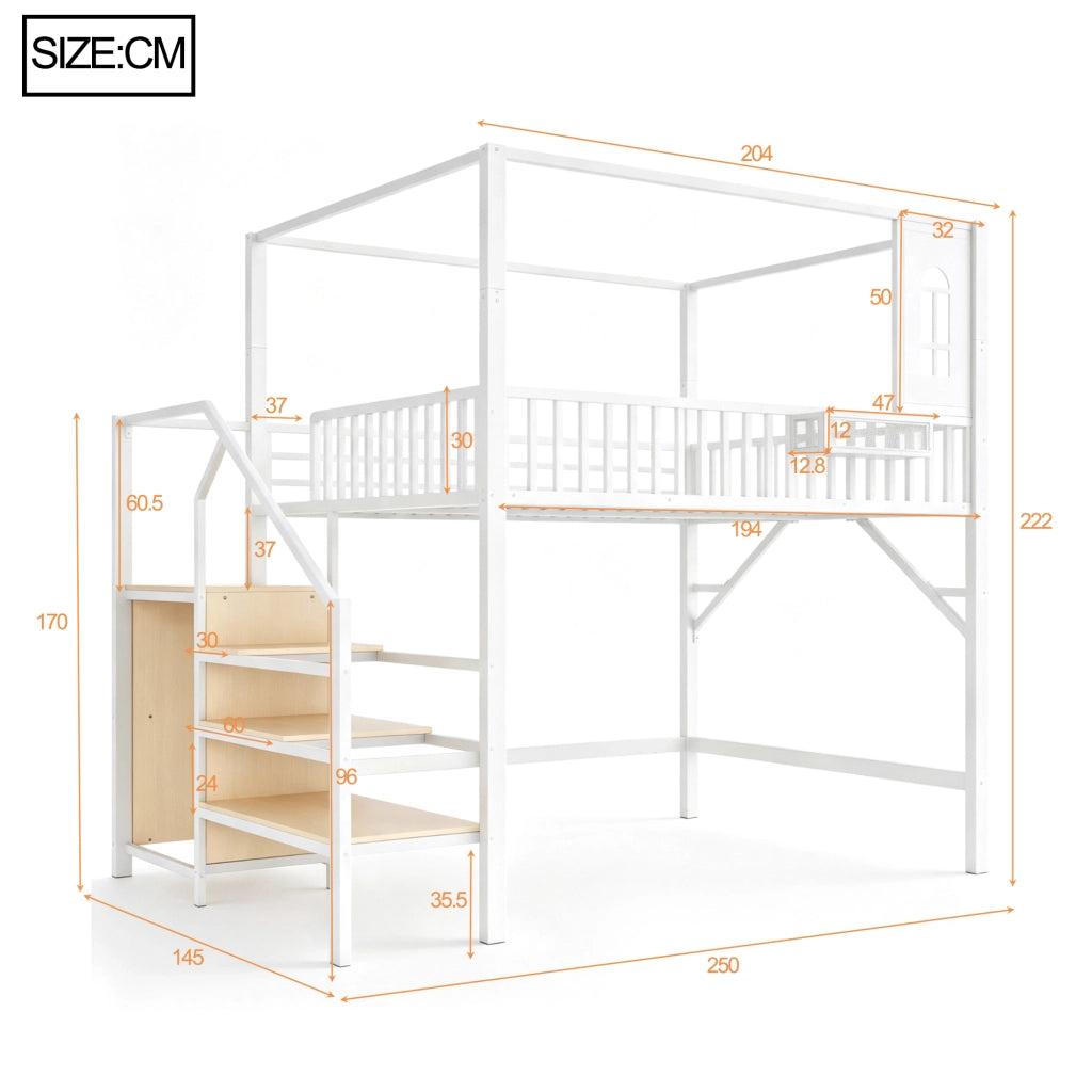 Letto a soppalco in metallo con struttura superiore e scala, 140x200 cm