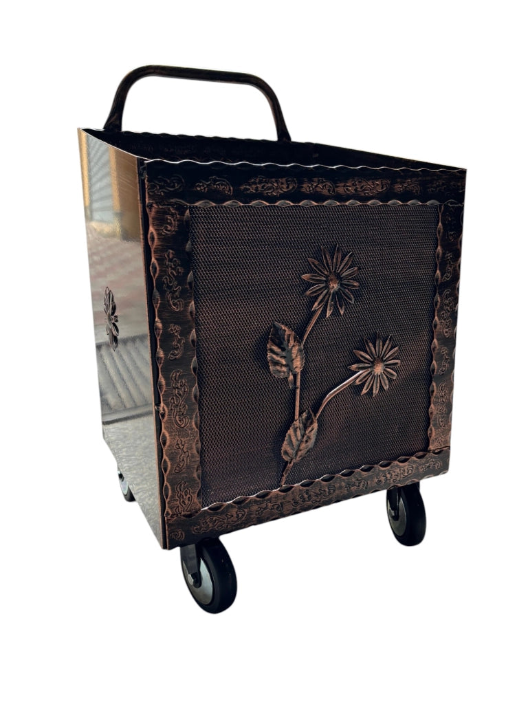 Porta Legna a Carrello in Ferro Battuto, 42x37x72 cm, con Ruote, per Camino e Stufa, Motivo floreale Rame