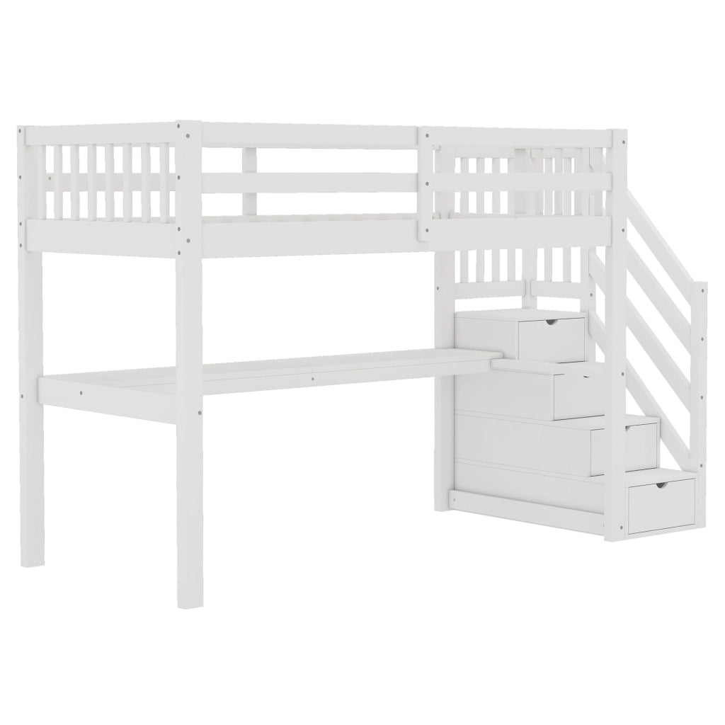 Letto a castello bianco in pino con scrivania e cassetti portautensili 90x200 cm