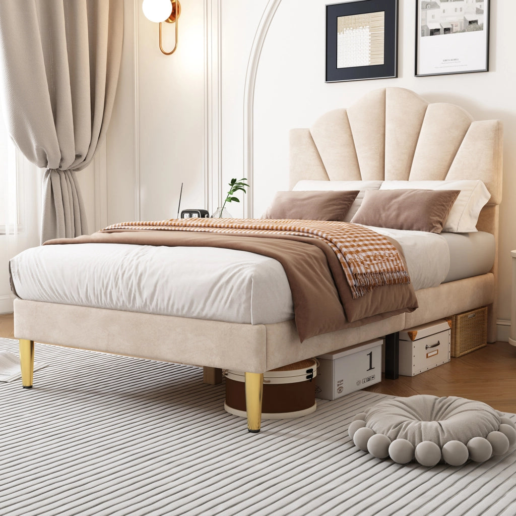 Letto imbottito in velluto beige 90 x 200 cm con testiera regolabile