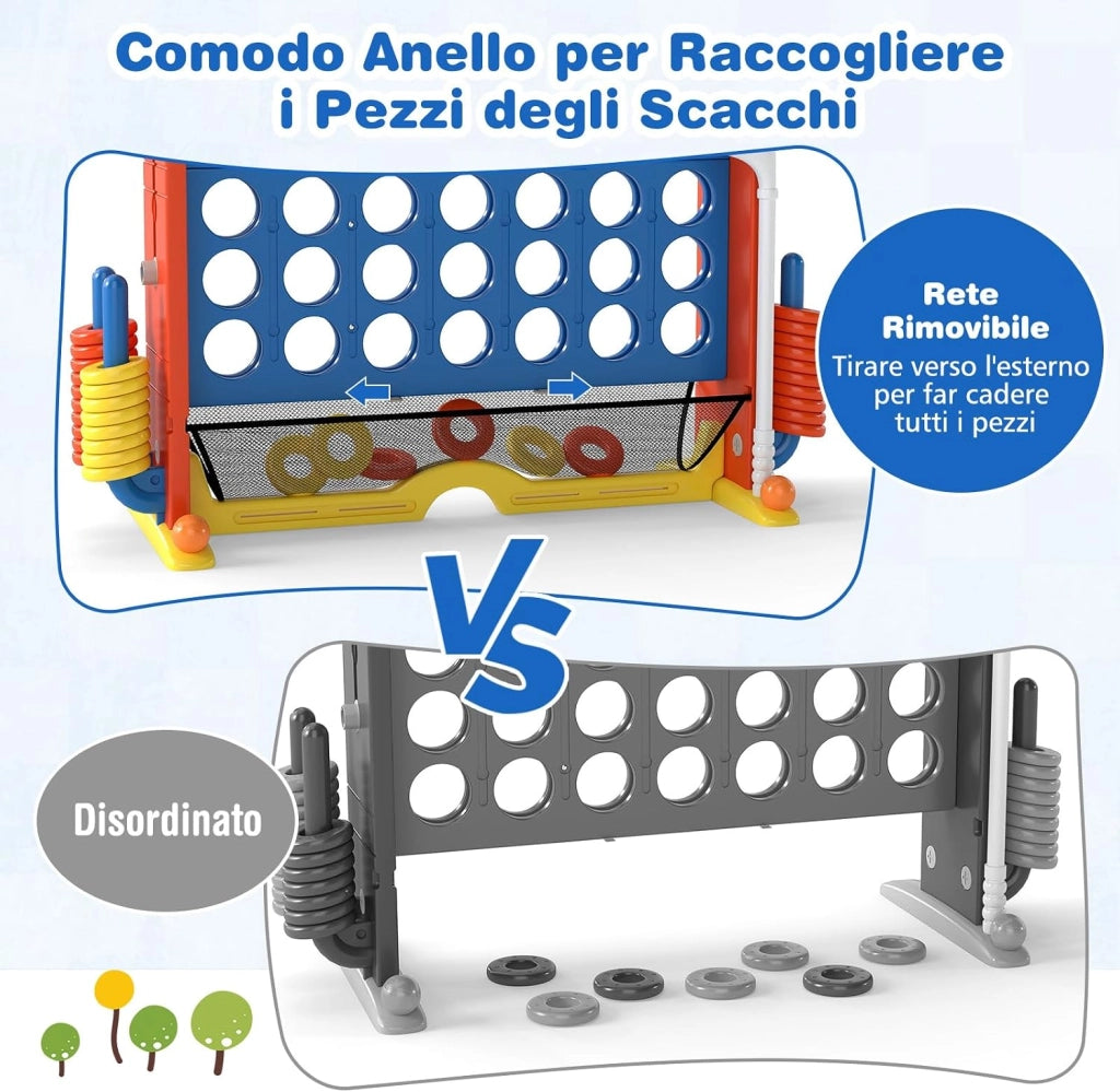 4 in 1 Forza 4 Gigante, Set di Gioco 4 in Fila con Lancio degli Anelli, Canestro da Basket, Palla, Mazza da Golf, Porta Bicchieri, Borsa e Tasca a Rete, Forza 4 Regolabile in Altezza (Blu)