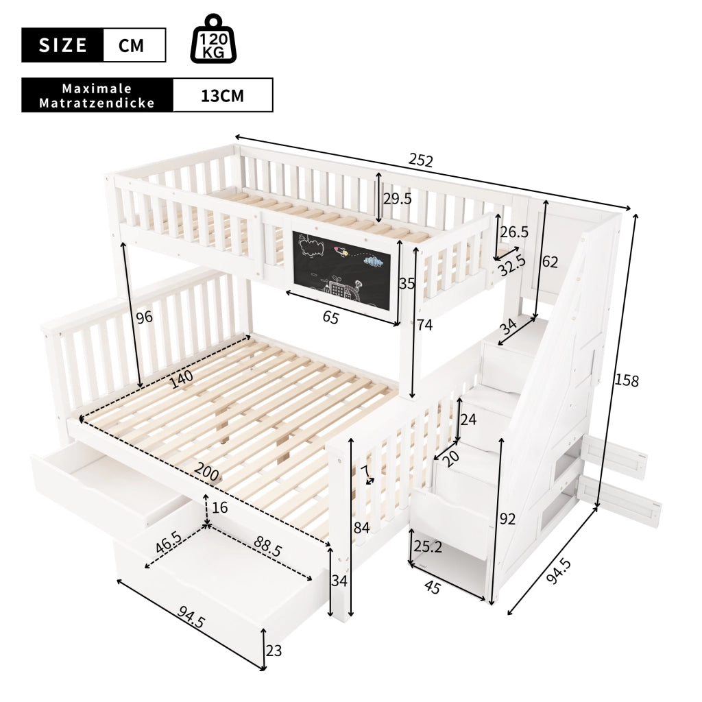 Letto a castello per bambini bianco 90x200 cm con lavagna, cassetti e spazi contenitore, senza materasso