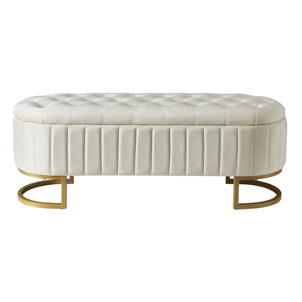 Panca Contenitore con Seduta Imbottita; Poggiapiedi per Soggiorno o Ingresso; in Velluto Beige; 120 x 39.9 cm