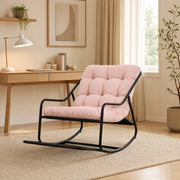 Sedia a dondolo da esterno con cuscino spesso; struttura in acciaio nero e seduta rosa 75x116x82 cm