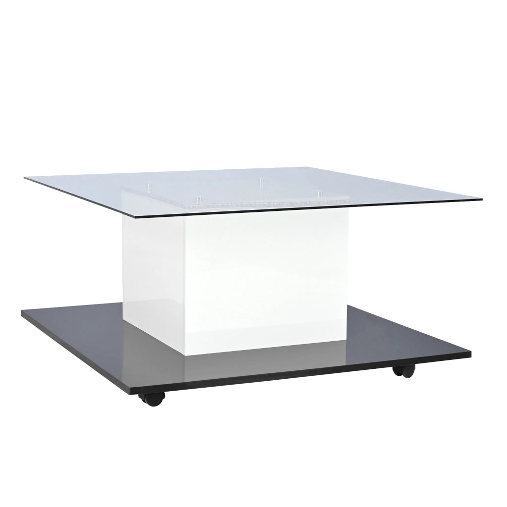 Tavolino da caffè 80x40x80 cm; piano in vetro temperato con LED regolabile e ruote; pannello truciolare bianco e nero