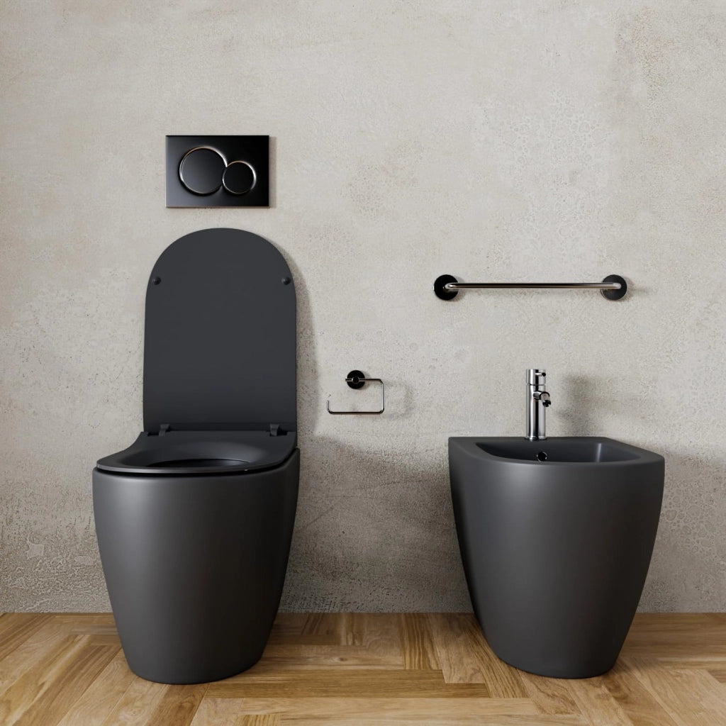 Coppia Sanitari Filo Parete Vaso WC Senza Brida Rimless Tornado Flush Bidet Design Moderno Ceramica Copriwater Chiusura Soft Close Nero Opaco