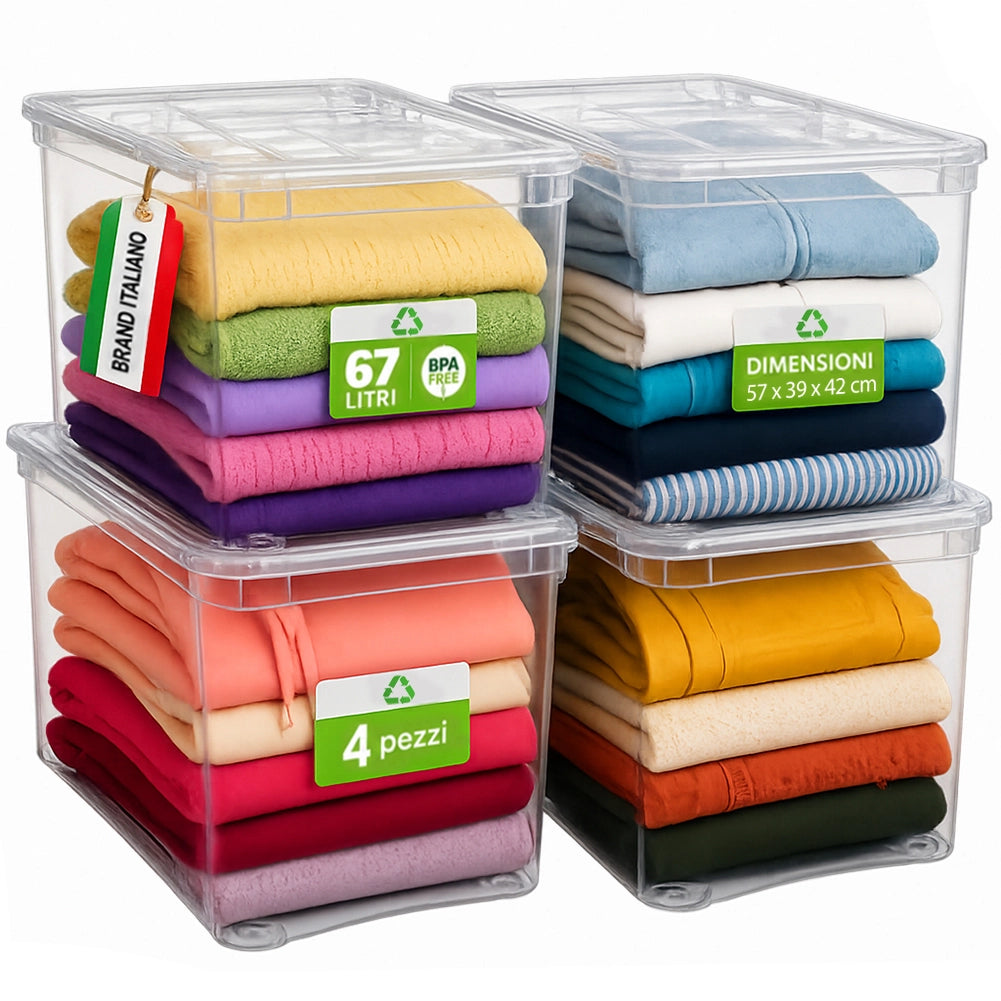 Set 4 Pezzi Contenitori con Coperchio 57x39x42 cm Storage Box Marea Capienza 67L in Plastica Trasparente