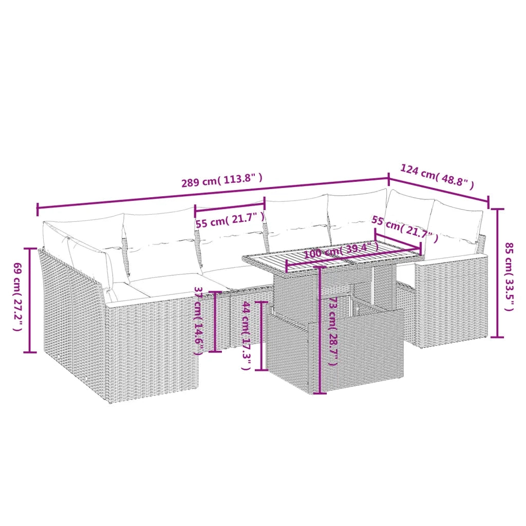 Set Divano da Giardino 8 pz con Cuscini Beige in Polyrattan