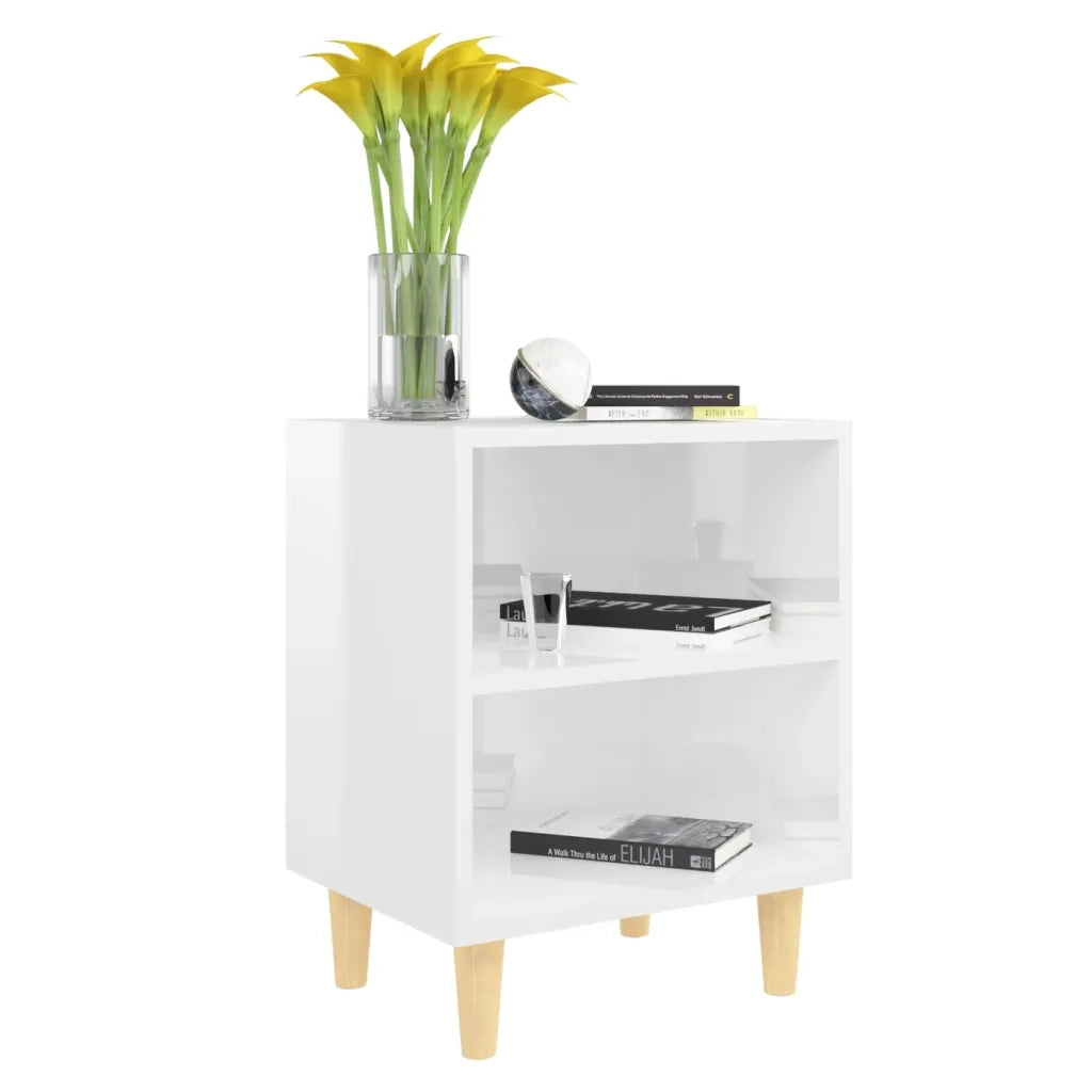 Set di 2 Comodini | Armadio da Notte | Mobiletto da notte Gambe in Legno Massello Bianco Lucido 40x30x50 cm