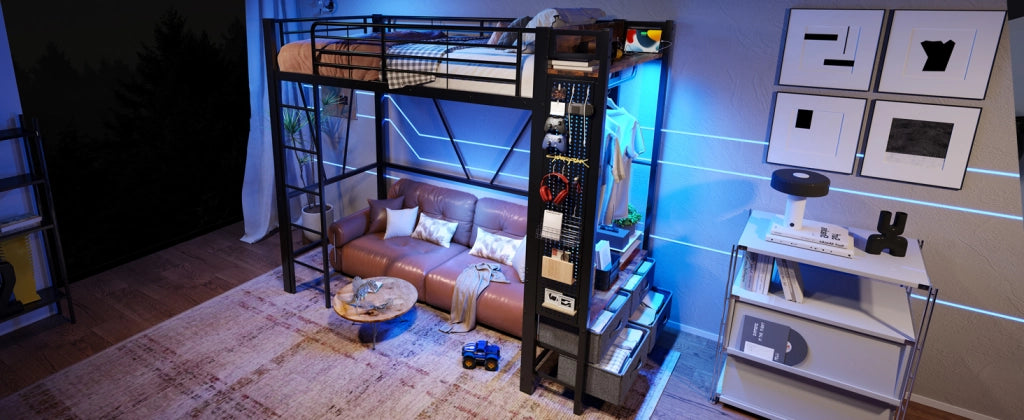 LETTO a soppalco 90x200 cm metallo nero con 4 cassetti LED USB e Type-C