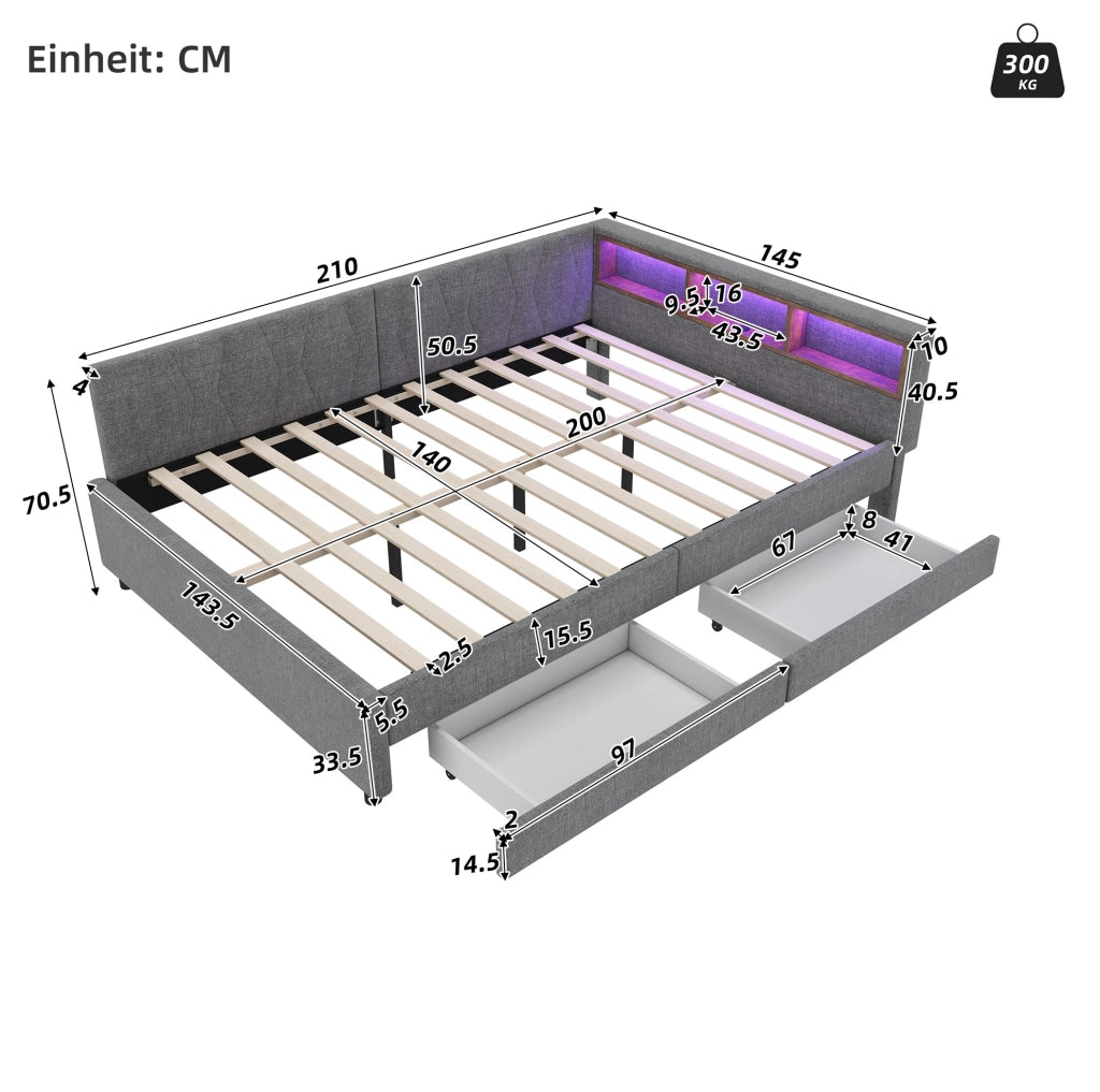 Letto da giorno 140x200 cm grigio con LED, USB-C e cassetti
