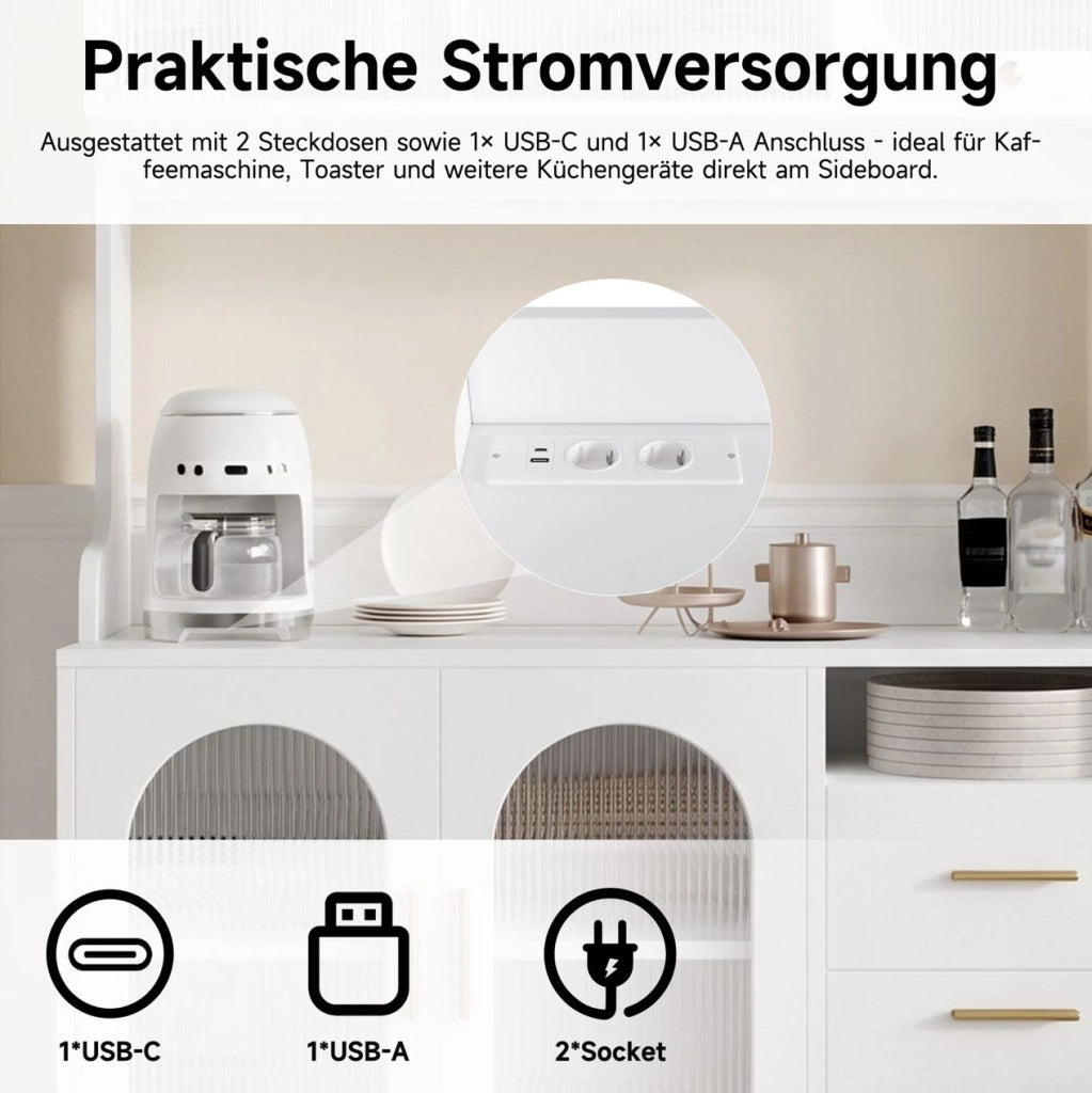 Credenza alta 120x40x178 cm in truciolare bianco con prese integrate USB-A e USB-C