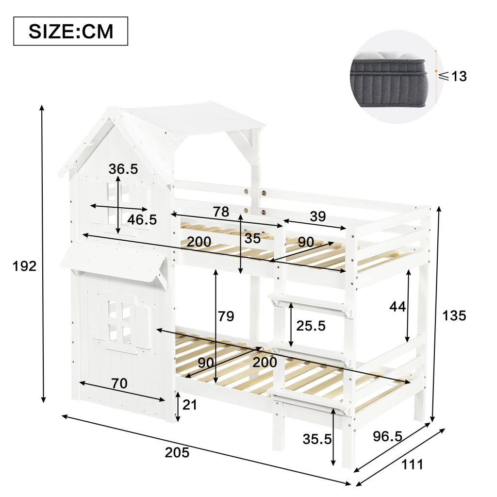 Letto a Castello 90 x 200 cm; Letto per Bambini - con Tetto e Finestre - Bianco
