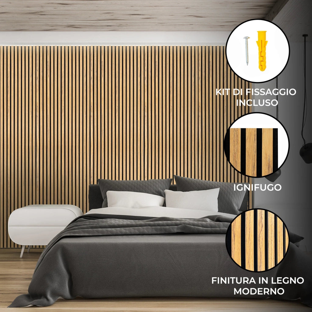 Tre Pannelli Fonoassorbenti con Doghe Rovere 3D in Legno 2400 x 600mm