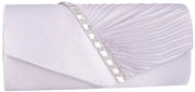 Tas da donna con tessuto satinato pieghettato e decorazione con strass, argento