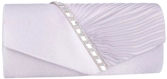 Tas da donna con tessuto satinato pieghettato e decorazione con strass, argento