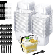 Vassoi dessert in plastica da 50 con coperchio - 240 ml rettangolari riciclabili - etichette per cucchiai per dessert e antipasti.