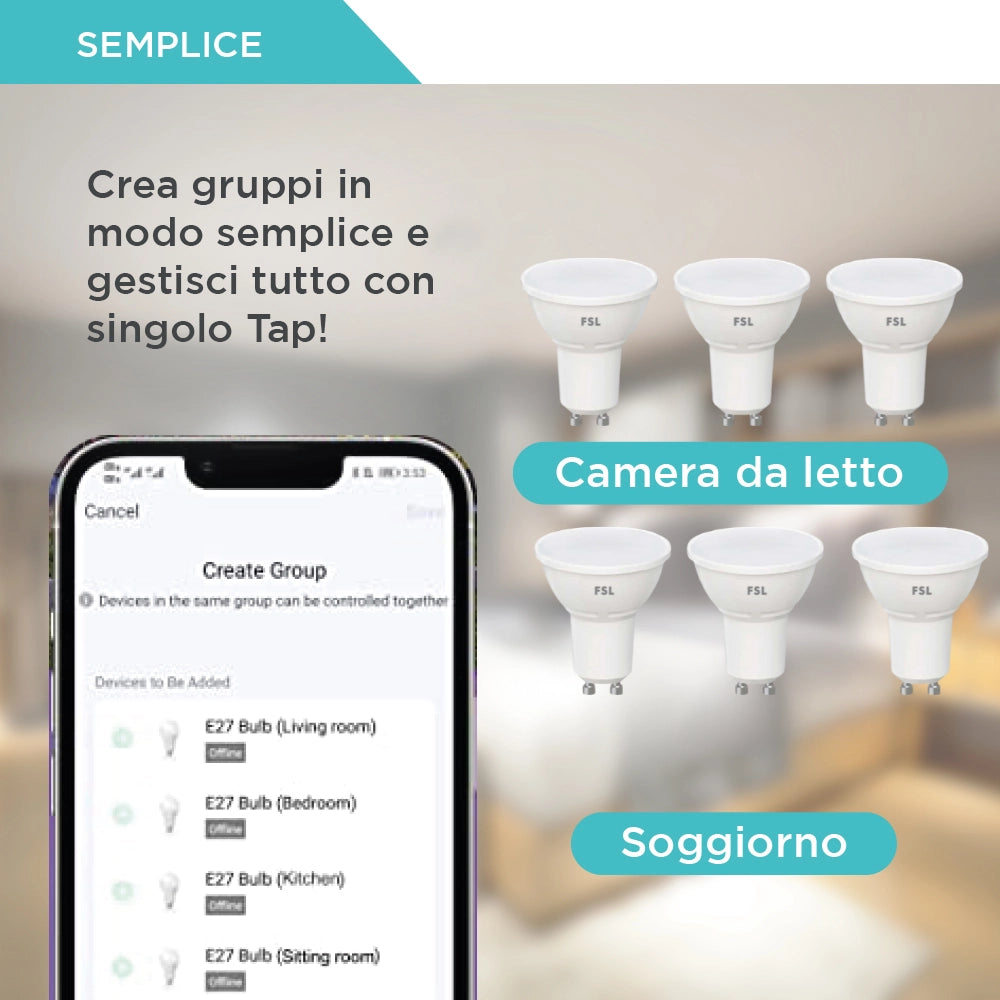 Fsl lampadina smart led gu10 dimmerabile 6w luce cct compatibile con app bluetooth