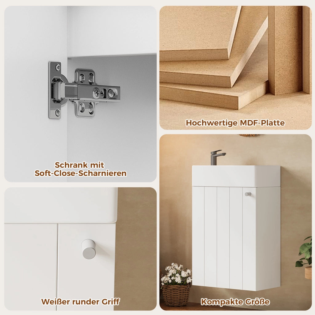 Mobile sottolavabo sospeso da bagno con 1 anta e chiusura soft-close, in MDF e ceramica, bianco, 41 × 23 × 62,5 cm